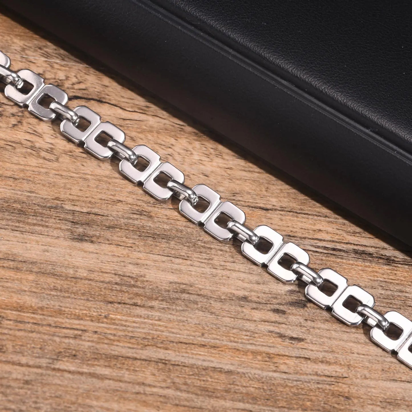 Men’s Silver Chain Bracelet – Rectangle Link Punk Rock Stainless Steel Wristband, Gift for Dad or Boyfriend