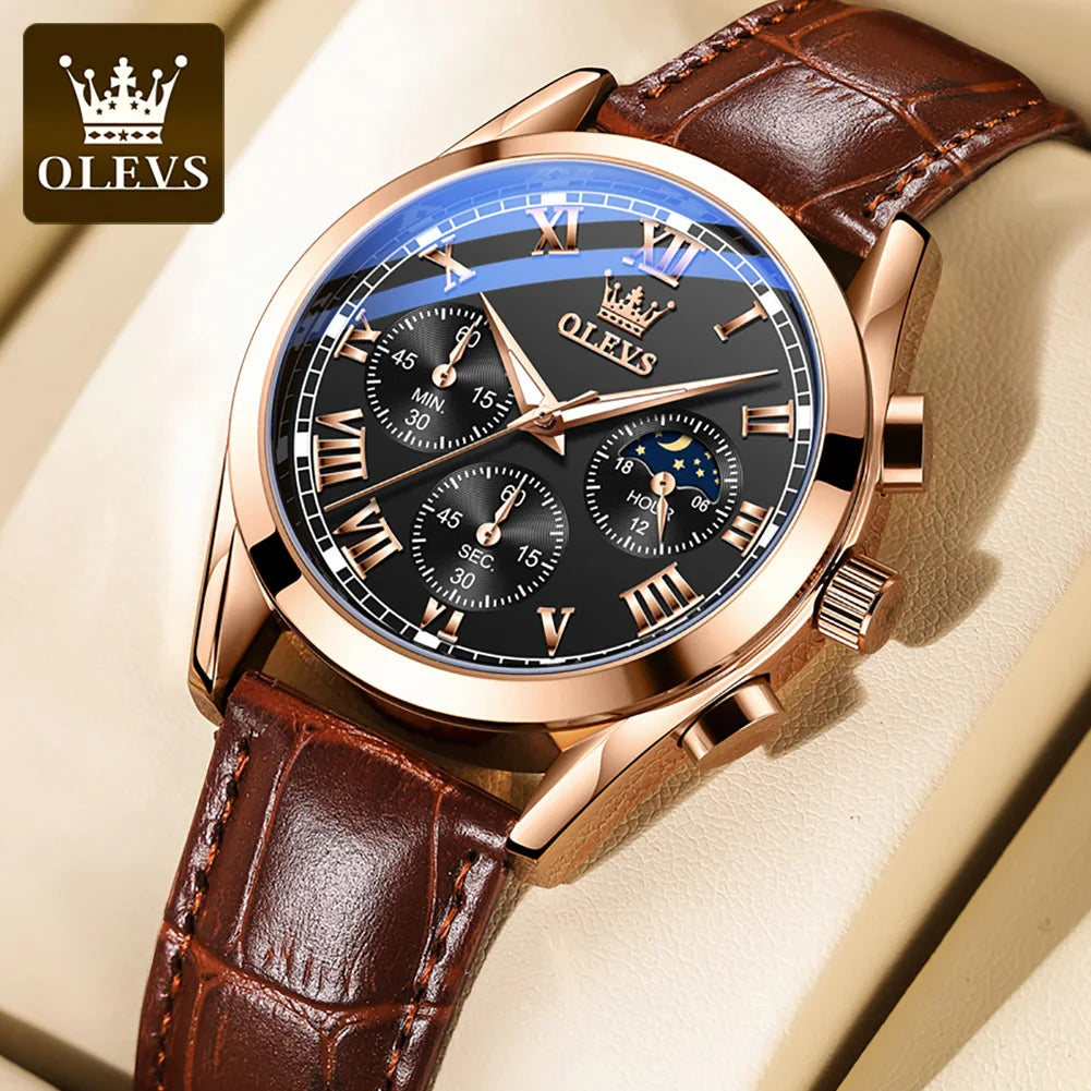 OLEVS Luxury Moon Phase Men’s Watch – Chronograph, Waterproof, Leather Strap, Original Quartz Timepiece