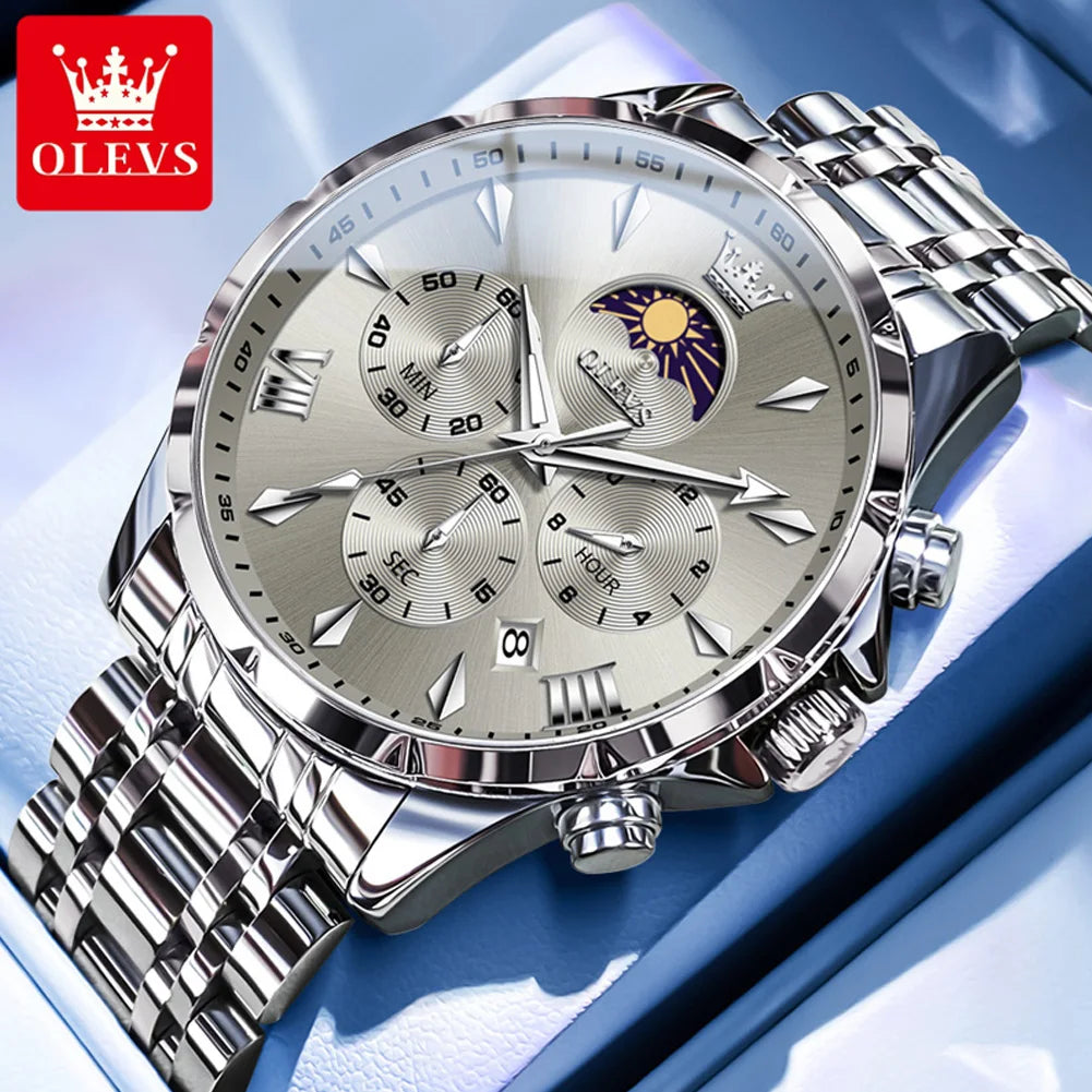 OLEVS Moon Phase Men’s Luxury Watch – Waterproof Quartz Chronograph with Date Display