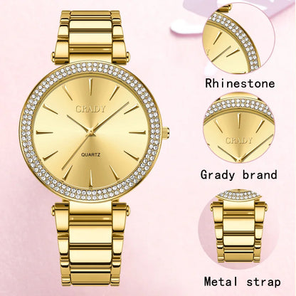 Luxury Women’s Gold Watch – Diamond Quartz Wristwatch, Gift for Wife, Elegant Ladies Watch