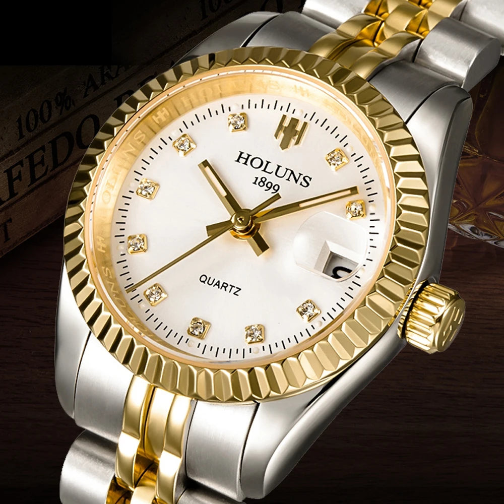 Holuns Women’s Luxury Gold Quartz Watch – Waterproof Diamond Ladies Watch