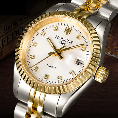 Holuns Women’s Luxury Gold Quartz Watch – Waterproof Diamond Ladies Watch