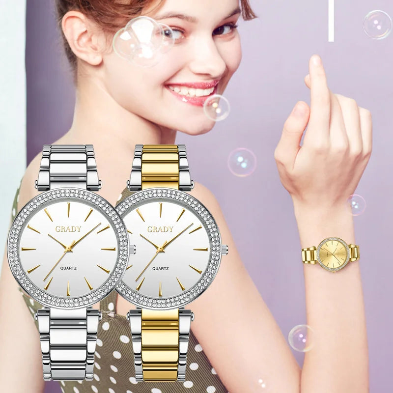 Luxury Women’s Gold Watch – Diamond Quartz Wristwatch, Gift for Wife, Elegant Ladies Watch