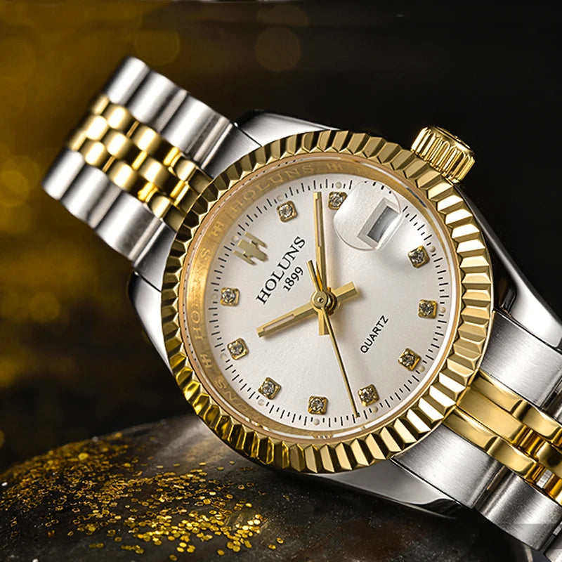 Holuns Women’s Luxury Gold Quartz Watch – Waterproof Diamond Ladies Watch