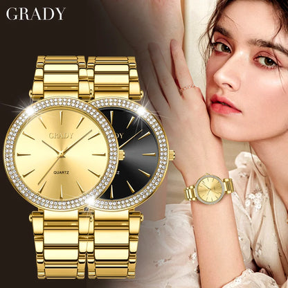 Luxury Women’s Gold Watch – Diamond Quartz Wristwatch, Gift for Wife, Elegant Ladies Watch