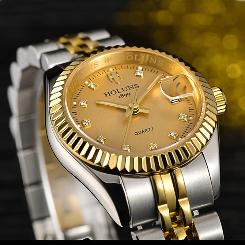 Holuns Women’s Luxury Gold Quartz Watch – Waterproof Diamond Ladies Watch