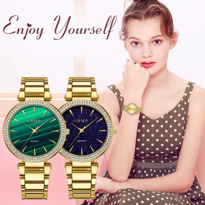 Luxury Women’s Gold Watch – Diamond Quartz Wristwatch, Gift for Wife, Elegant Ladies Watch