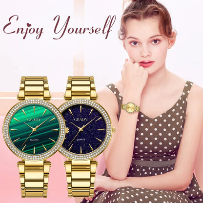 Luxury Women’s Gold Watch – Diamond Quartz Wristwatch, Gift for Wife, Elegant Ladies Watch