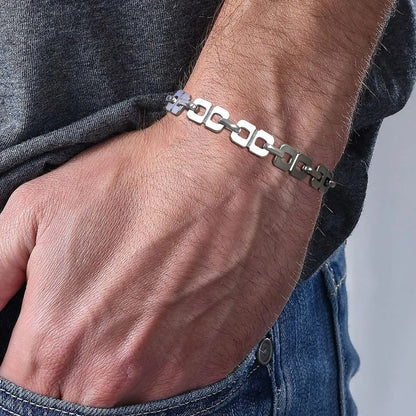 Men’s Silver Chain Bracelet – Rectangle Link Punk Rock Stainless Steel Wristband, Gift for Dad or Boyfriend