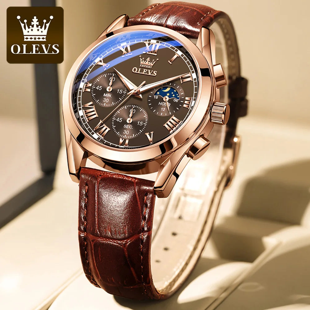 OLEVS Luxury Moon Phase Men’s Watch – Chronograph, Waterproof, Leather Strap, Original Quartz Timepiece