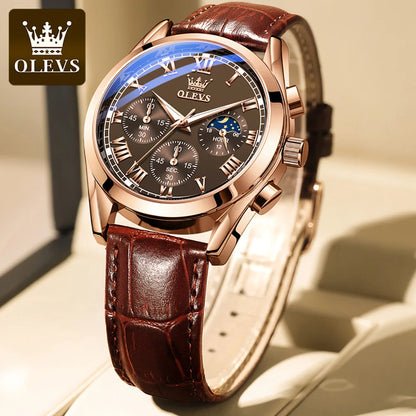 OLEVS Luxury Moon Phase Men’s Watch – Chronograph, Waterproof, Leather Strap, Original Quartz Timepiece