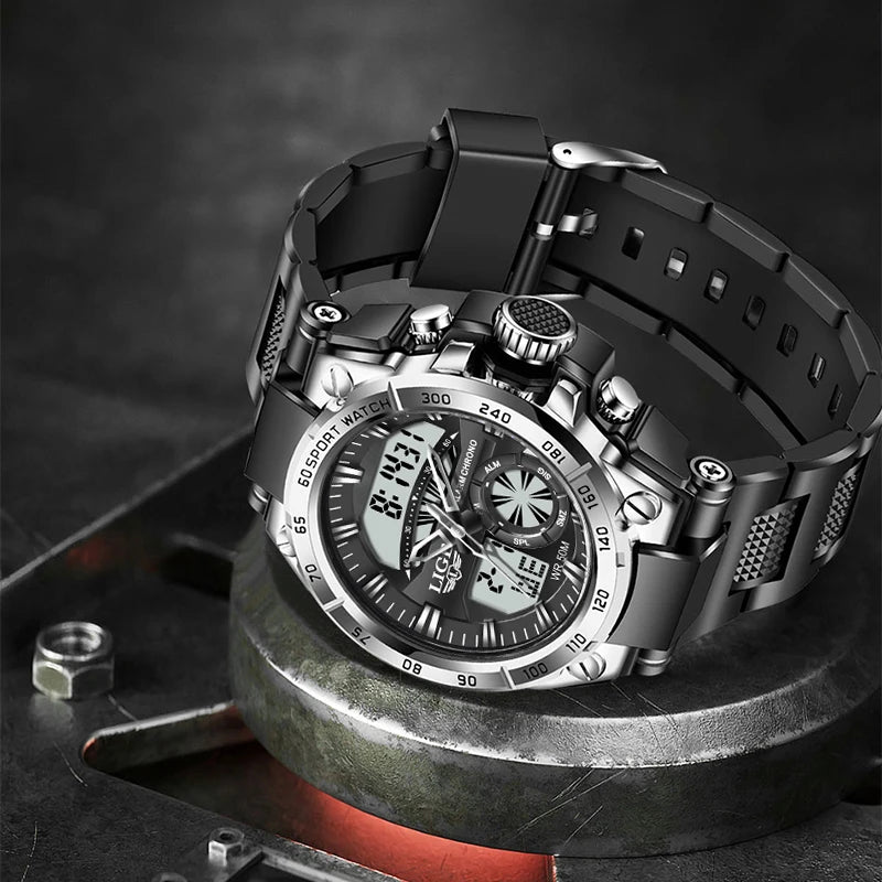 LIGE Military Mens Watch Digital Dual Display 50M Waterproof Sport Man Wristwatch Fashion LED Luminous Quartz Watches for Men