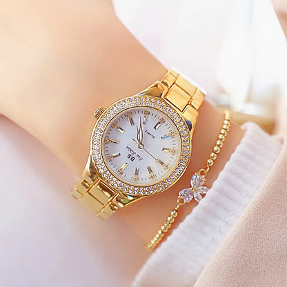 Luxury Crystal Diamond Women’s Watch – Gold & Silver Dress Wristwatch