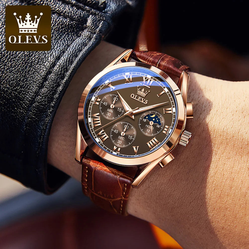 OLEVS Luxury Moon Phase Men’s Watch – Chronograph, Waterproof, Leather Strap, Original Quartz Timepiece