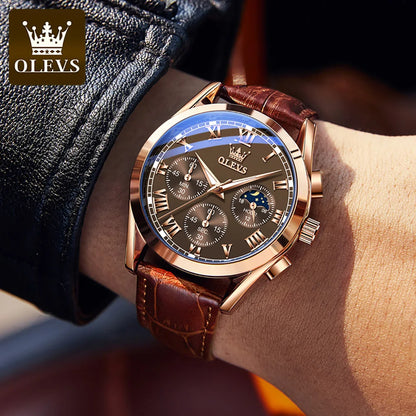 OLEVS Luxury Moon Phase Men’s Watch – Chronograph, Waterproof, Leather Strap, Original Quartz Timepiece