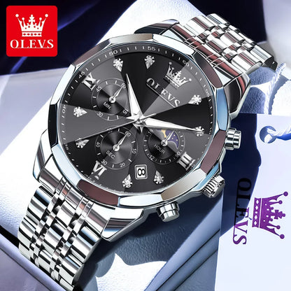 OLEVS 3670 Men’s Luxury Quartz Watch – Moon Phase Chronograph, Waterproof, Luminous Calendar Fashion Wristwatch