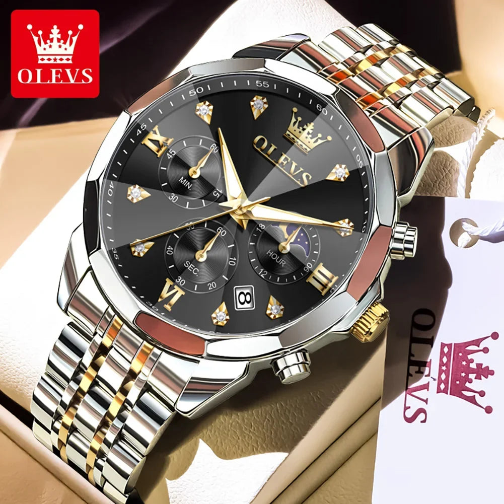 OLEVS 3670 Men’s Luxury Quartz Watch – Moon Phase Chronograph, Waterproof, Luminous Calendar Fashion Wristwatch