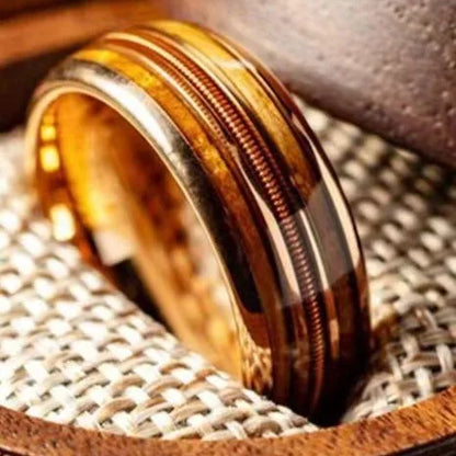 Men’s Rose Gold Tungsten Ring – Whiskey Barrel Wood & Guitar String Design