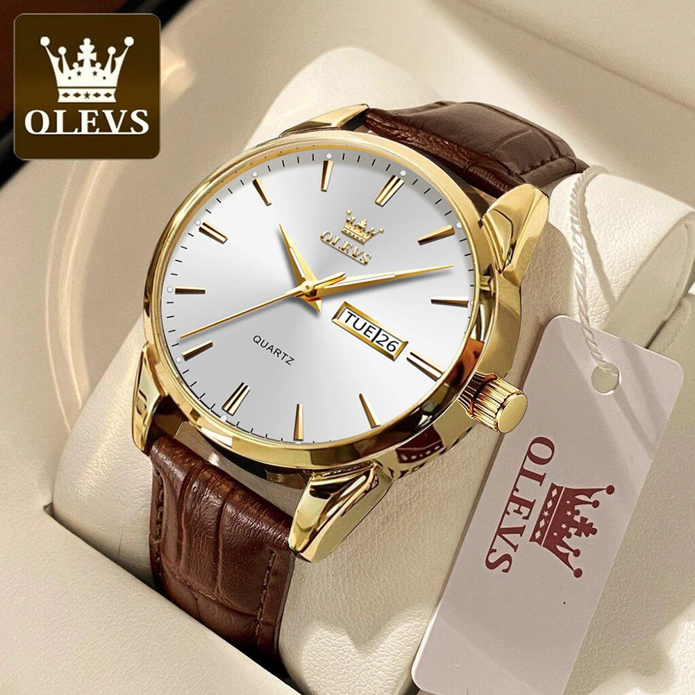 OLEVS 6898 Women Quartz Watch Waterproof Luminous Leather Strap Dual Calendar Ladies Watch