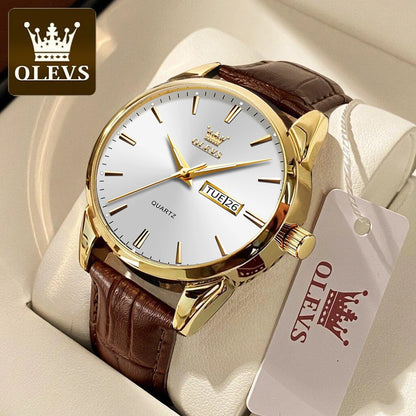 OLEVS 6898 Women Quartz Watch Waterproof Luminous Leather Strap Dual Calendar Ladies Watch