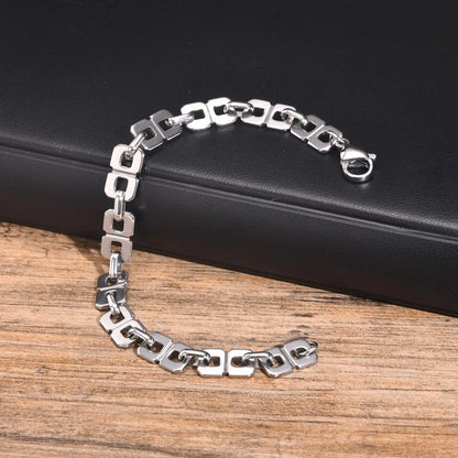 Men’s Silver Chain Bracelet – Rectangle Link Punk Rock Stainless Steel Wristband, Gift for Dad or Boyfriend