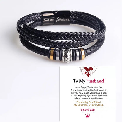 To My Son Bracelet – “I Will Always Be With You” Leather & Stainless Steel Braided Bracelet for Men