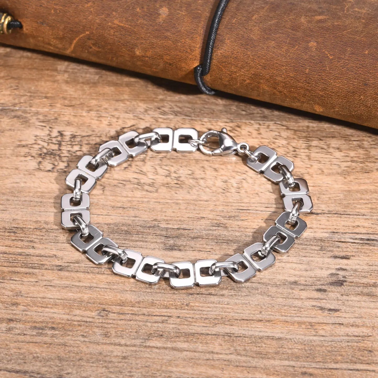 Men’s Silver Chain Bracelet – Rectangle Link Punk Rock Stainless Steel Wristband, Gift for Dad or Boyfriend