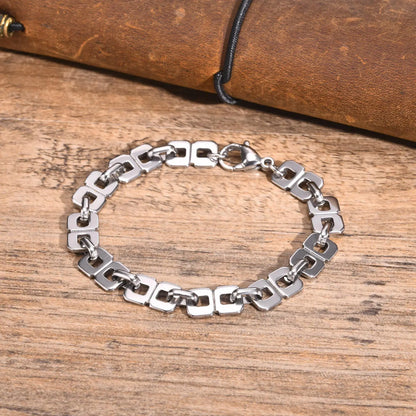 Men’s Silver Chain Bracelet – Rectangle Link Punk Rock Stainless Steel Wristband, Gift for Dad or Boyfriend