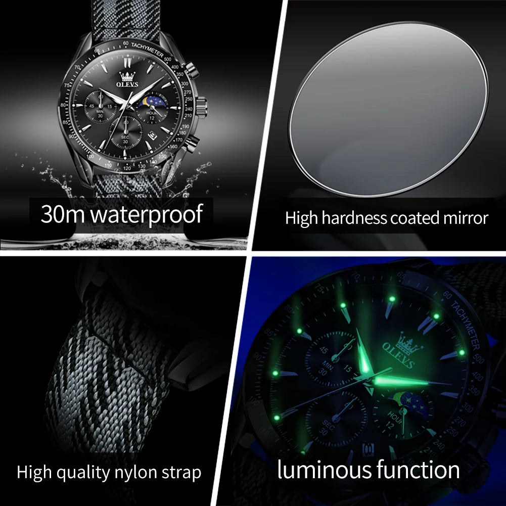 OLEVS 3630 Men’s Luxury Quartz Watch – Moon Phase Chronograph, Waterproof Nylon Strap, Original Sport Fashion Wristwatch