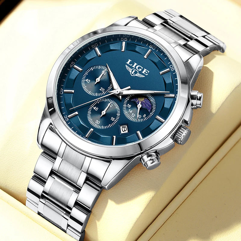 LIGE 2025 Luxury Men’s Watch Waterproof Chronograph Stainless Steel Quartz Business Sport Wristwatch