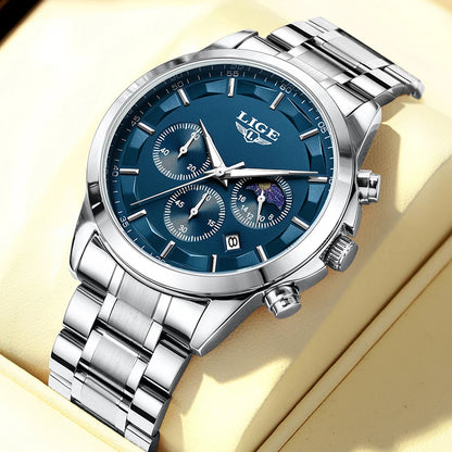 LIGE 2025 Luxury Men’s Watch Waterproof Chronograph Stainless Steel Quartz Business Sport Wristwatch