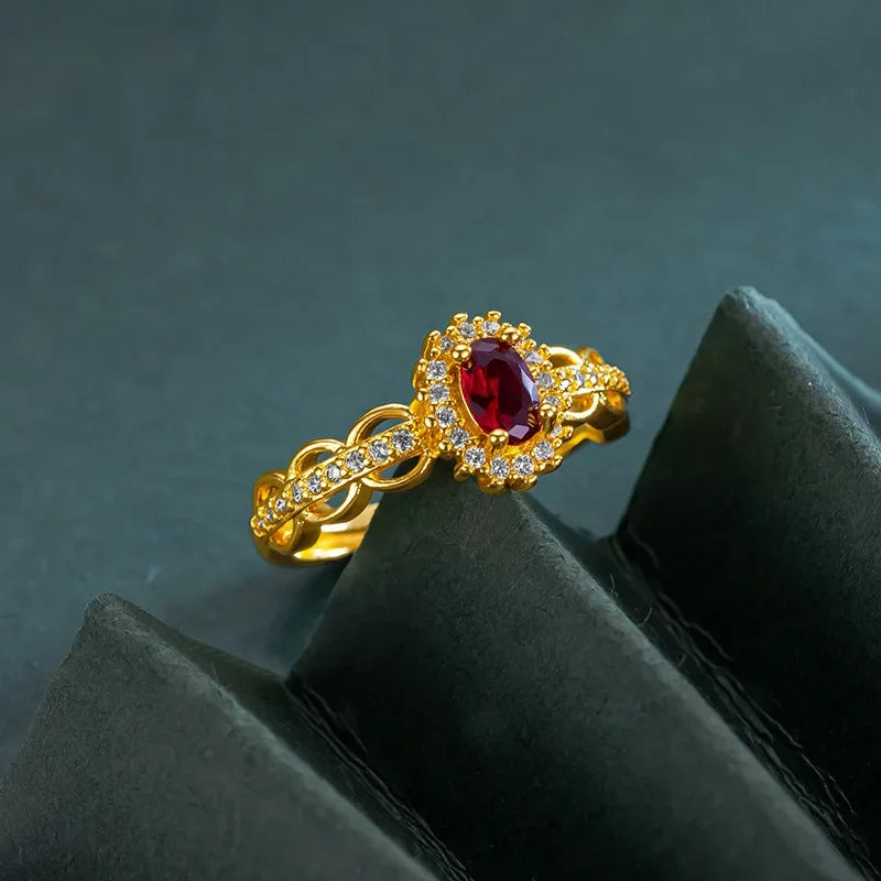 Real 14K Gold Ruby Ring for Women – Open Zircon Ring for Bride, Engagement & Birthday Jewelry Gift