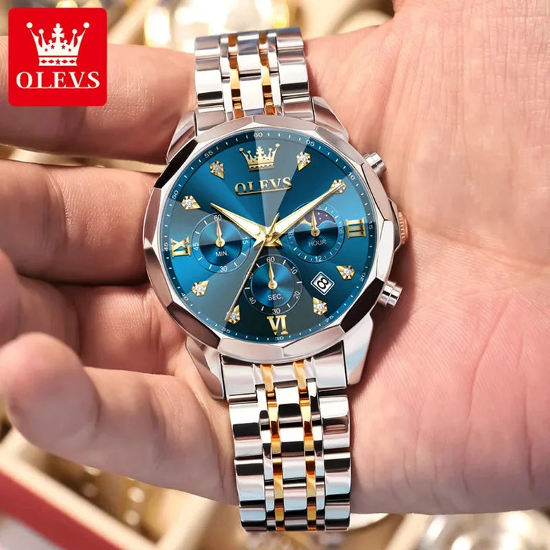 OLEVS 3670 Men’s Luxury Quartz Watch – Moon Phase Chronograph, Waterproof, Luminous Calendar Fashion Wristwatch