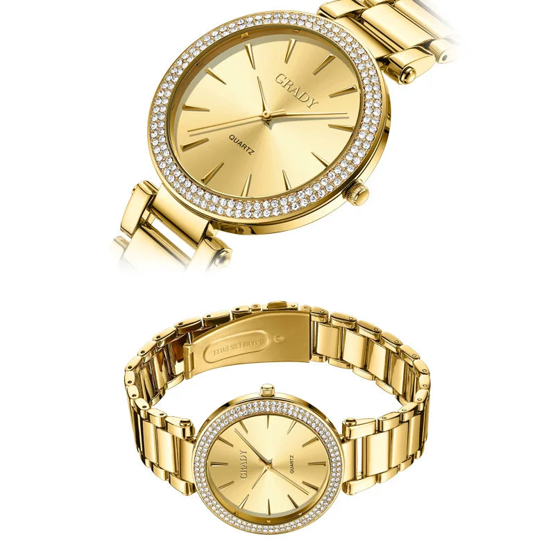 Luxury Women’s Gold Watch – Diamond Quartz Wristwatch, Gift for Wife, Elegant Ladies Watch
