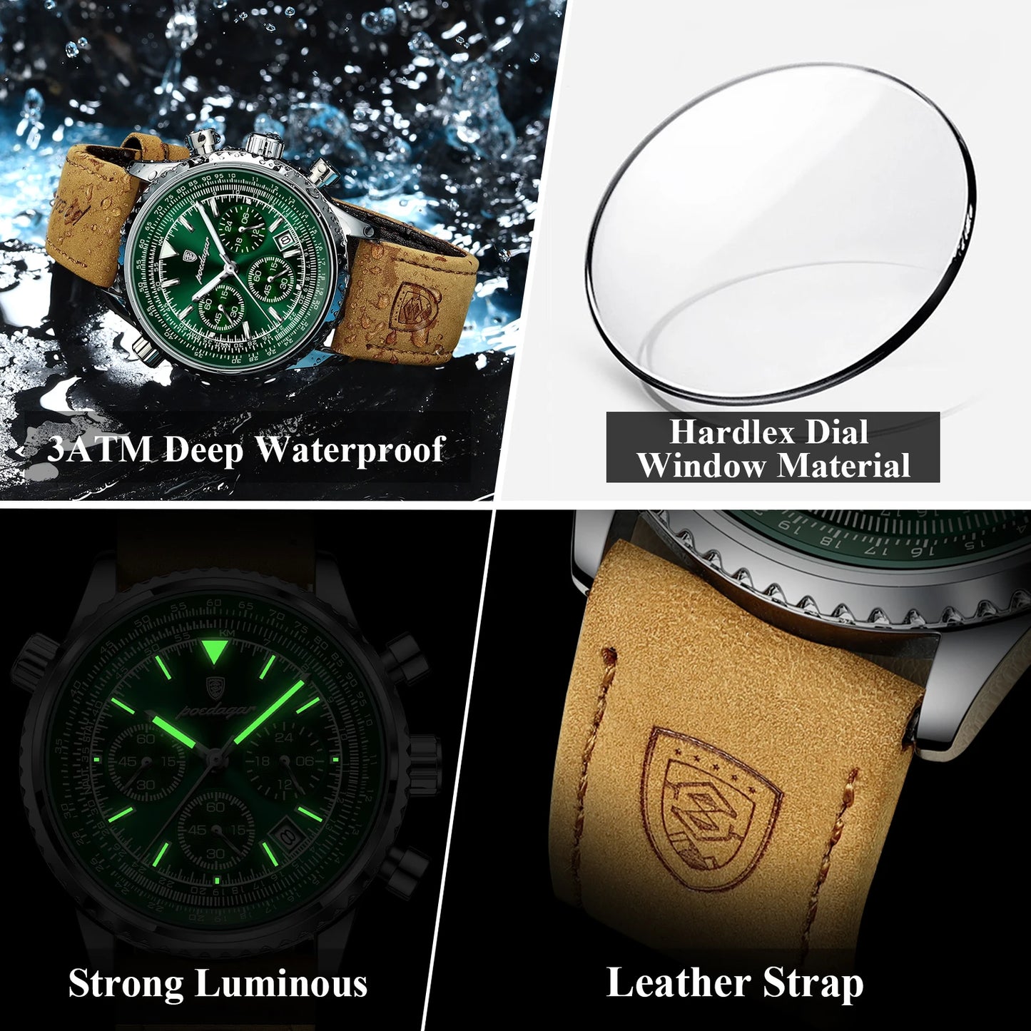 POEDAGAR Luxury Men’s Chronograph Watch – Waterproof Quartz Leather Wristwatch with Luminous Display and Date