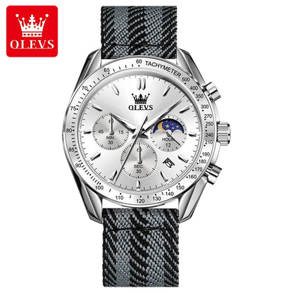 OLEVS 3630 Men’s Luxury Quartz Watch – Moon Phase Chronograph, Waterproof Nylon Strap, Original Sport Fashion Wristwatch