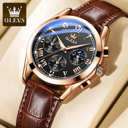OLEVS Luxury Moon Phase Men’s Watch – Chronograph, Waterproof, Leather Strap, Original Quartz Timepiece