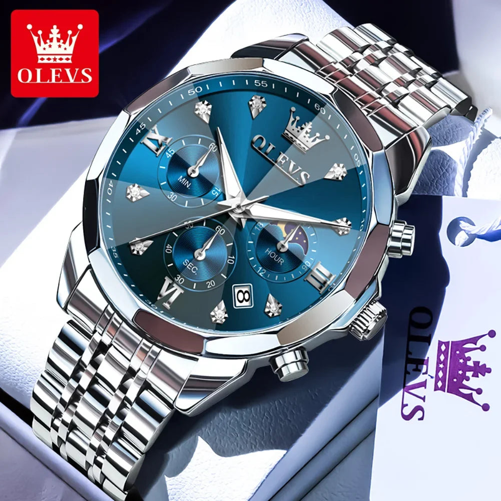 OLEVS 3670 Men’s Luxury Quartz Watch – Moon Phase Chronograph, Waterproof, Luminous Calendar Fashion Wristwatch
