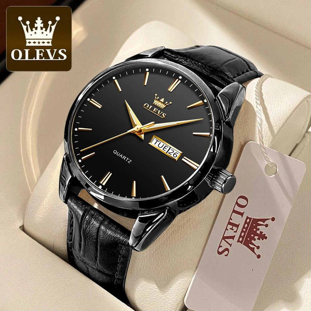 OLEVS 6898 Women Quartz Watch Waterproof Luminous Leather Strap Dual Calendar Ladies Watch
