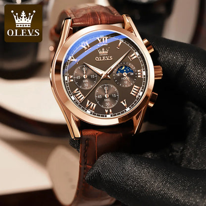 OLEVS Luxury Moon Phase Men’s Watch – Chronograph, Waterproof, Leather Strap, Original Quartz Timepiece