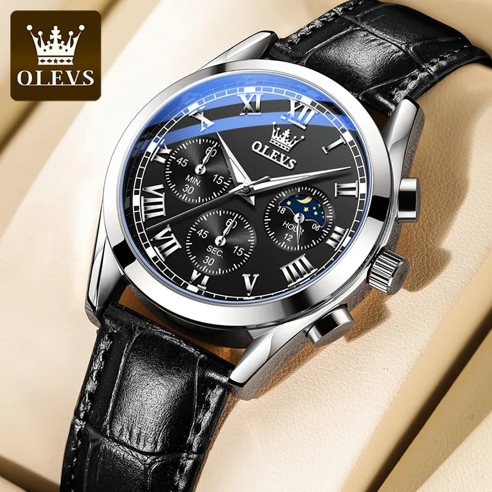 OLEVS Luxury Moon Phase Men’s Watch – Chronograph, Waterproof, Leather Strap, Original Quartz Timepiece
