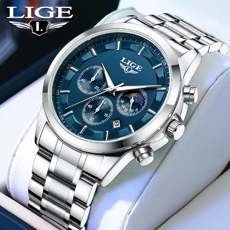 LIGE 2025 Luxury Men’s Watch Waterproof Chronograph Stainless Steel Quartz Business Sport Wristwatch