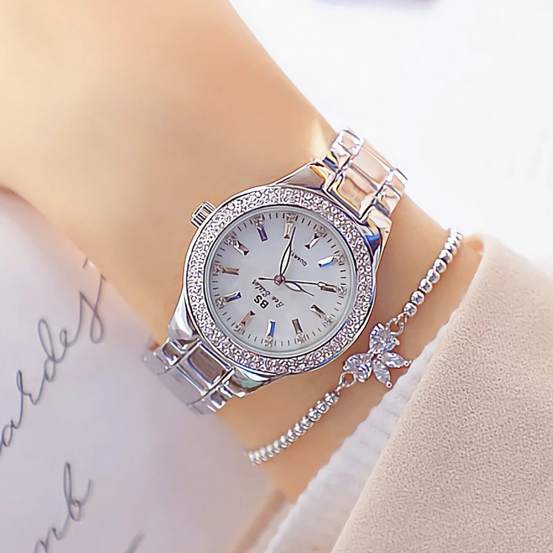Luxury Crystal Diamond Women’s Watch – Gold & Silver Dress Wristwatch
