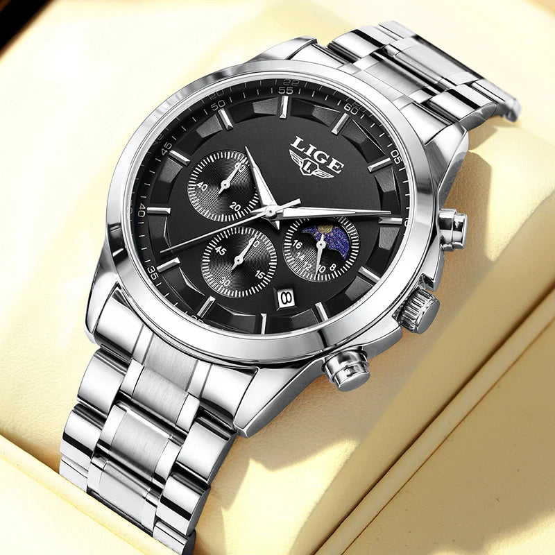 LIGE 2025 Luxury Men’s Watch Waterproof Chronograph Stainless Steel Quartz Business Sport Wristwatch