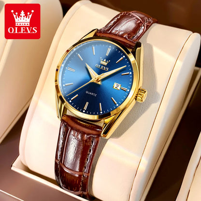 OLEVS 6898 Women Quartz Watch Waterproof Luminous Leather Strap Dual Calendar Ladies Watch