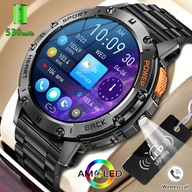 2025 Men’s AMOLED Smartwatch – Bluetooth Call, Flashlight, Waterproof Sports Fitness Tracker | Ellevo Store