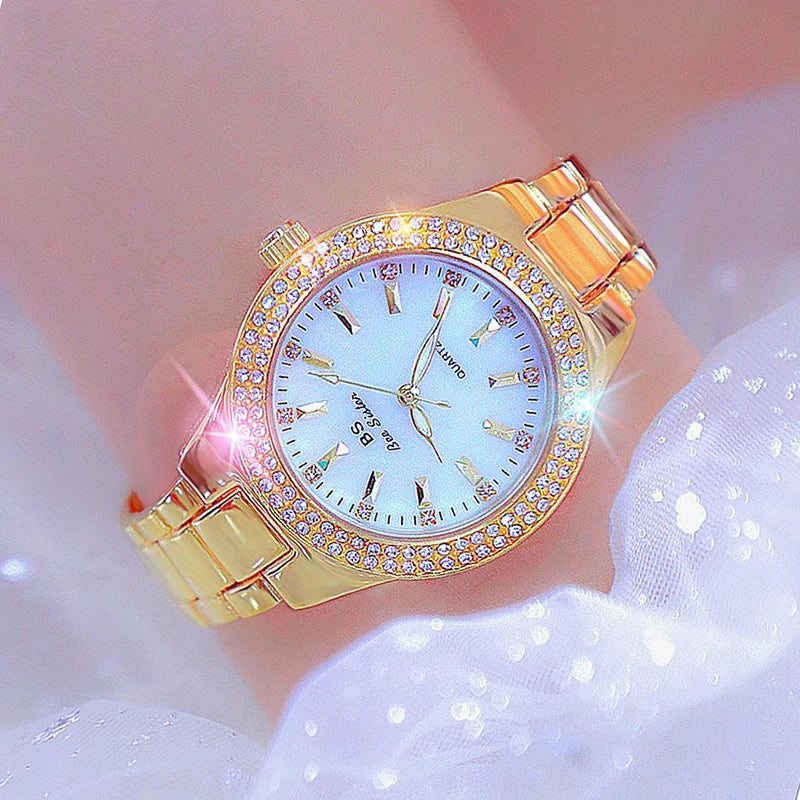 Luxury Crystal Diamond Women’s Watch – Gold & Silver Dress Wristwatch