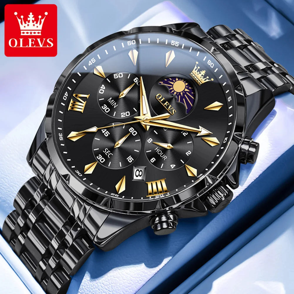 OLEVS Moon Phase Men’s Luxury Watch – Waterproof Quartz Chronograph with Date Display