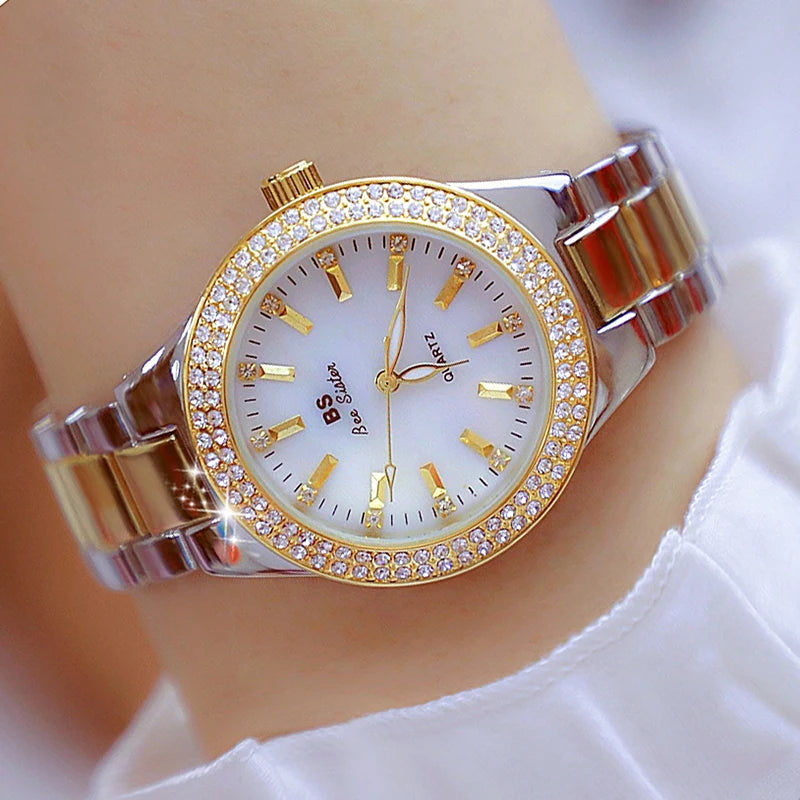 Luxury Crystal Diamond Women’s Watch – Gold & Silver Dress Wristwatch