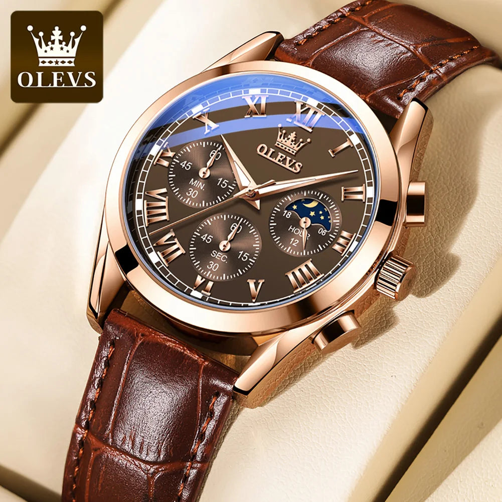OLEVS Luxury Moon Phase Men’s Watch – Chronograph, Waterproof, Leather Strap, Original Quartz Timepiece